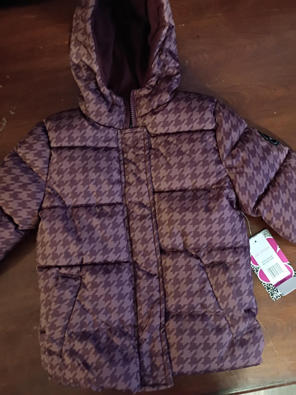 Pink Platinum Girls' Hooded Houndstooth Puffer Jacket - Purple